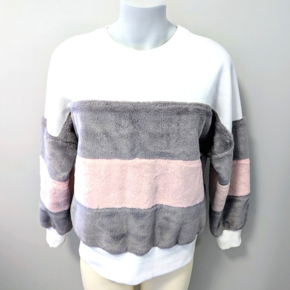 Miss Valley Soft Crewneck Colorblock Drop Shoulder Fuzzy Sweatshirt Top Size S